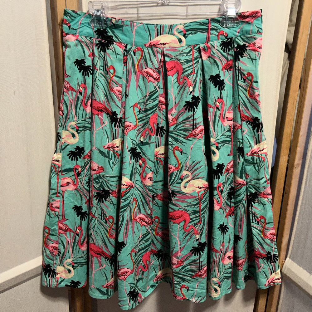 Vintage Reproduction 50's Style Pink Flamingo Full Pleated Skirt Sz L